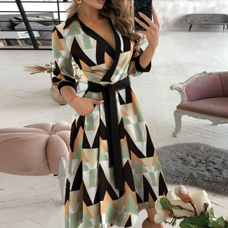 Sexy cuello V profunda impresión geométrica Maxi vestido de las mujeres de la primavera de 2021 de manga larga con bolsillo de mujer vestido para fiesta con corte Irregular de talla grande Vestidos