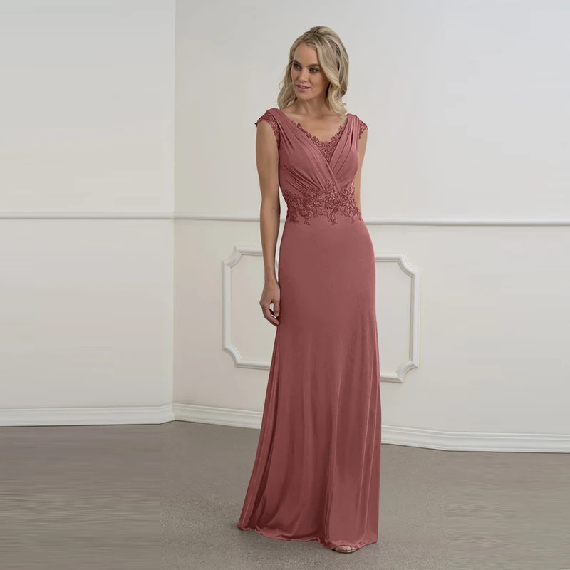 

Elegant Sheath Dusty Rose Chiffon Lace Cap Sleeves Mother of the Bride Dresses Plunge V Neckline Wedding Party Gowns Back Out