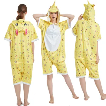 

Yellow Five-pointed Star Unicorn Series Onesies for Adults Women Pajamas Onesie Polyester Animal Hooded Short Pattern Summer