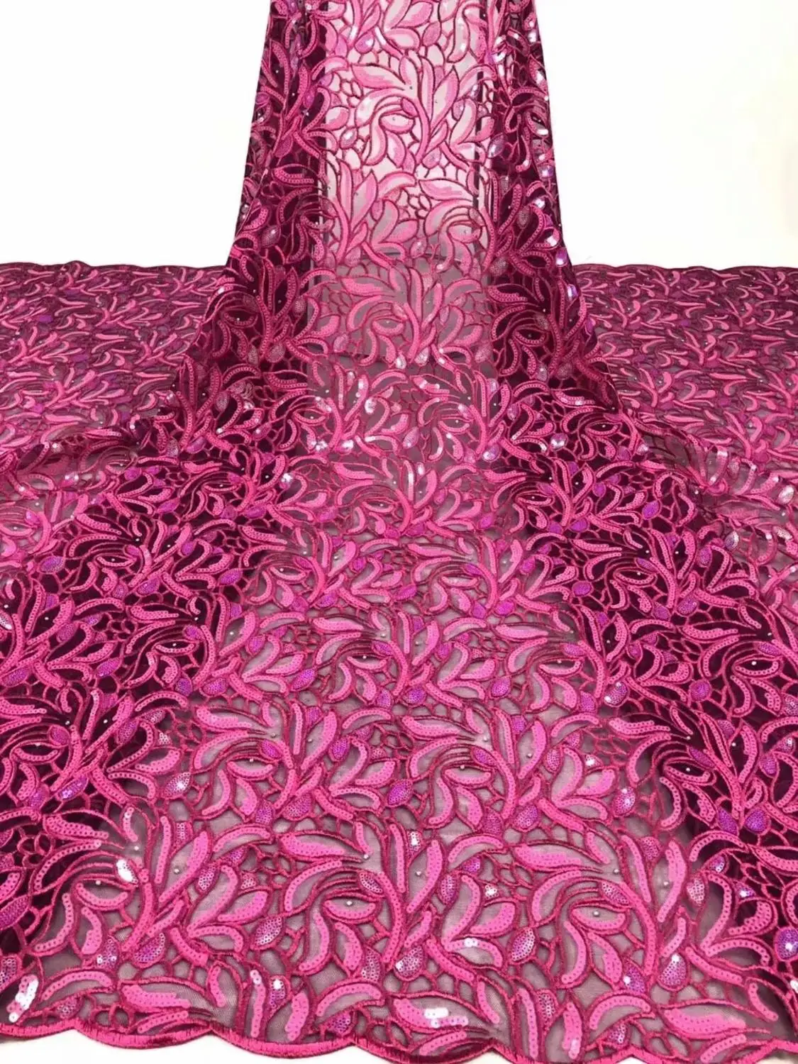 

French lace fabric 5yds/pce magenta sequins stones embroidery mesh fabrics women gorgeous lagos party asoebi bella swiss dress