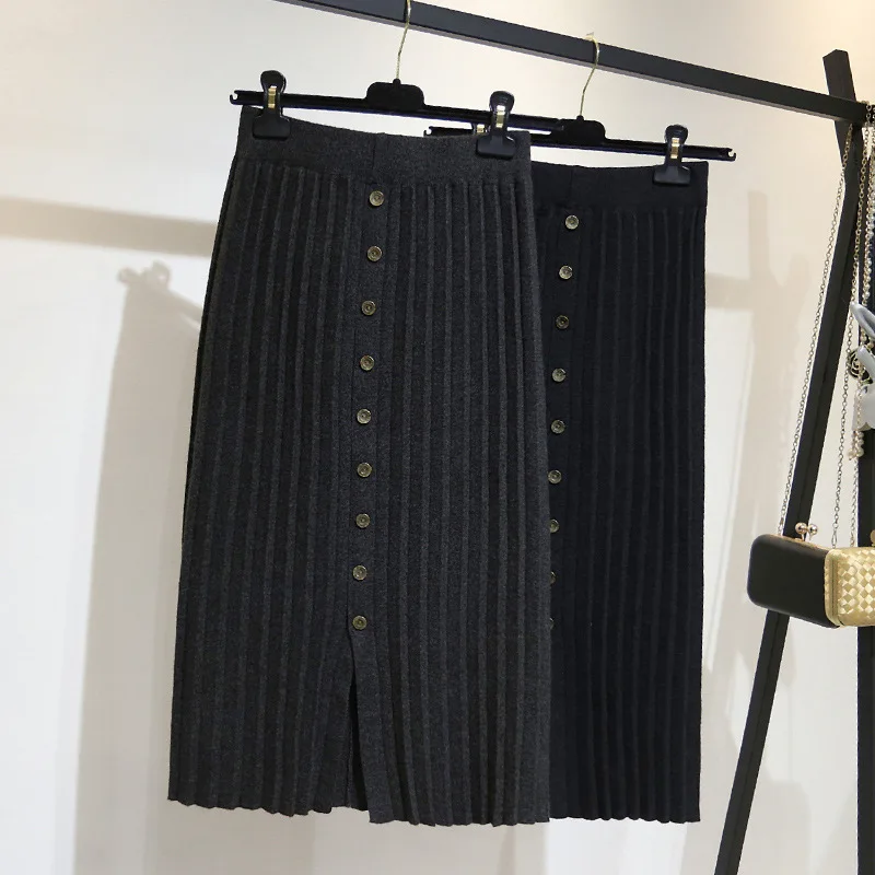 

2019 Autumn And Winter New Style Slit Mid-length Knitted Skirt Women's Korean-style Retro Long Skirts High-waisted Sheath One-st