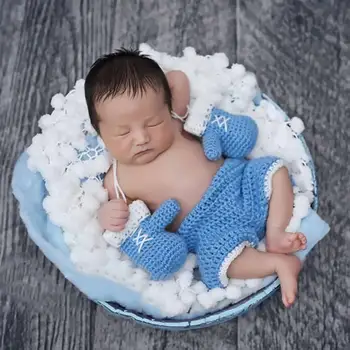 

Lovely Baby Boxing Gloves Pant Set Elastic Crochet Knit Costume 0-3M Newborn Photography Props Infant Clothing