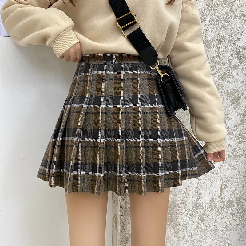 Lychee, Harajuku, клетчатая плиссированная Женская юбка, повседневная, свободная, трапециевидная, высокая талия, мини, женские юбки, весна, лето, осень, женская нижняя часть