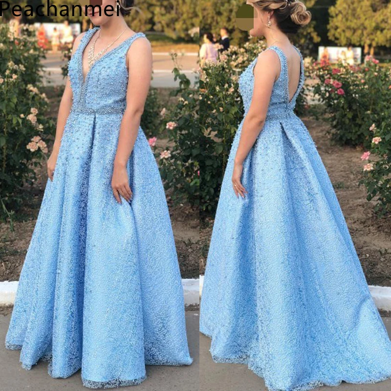 

In Stock Luxury Evening Dresses Blue Long Dubai Arabic A Line Pearl Backless Party Gown Real Photos Formal Robe De Soiree