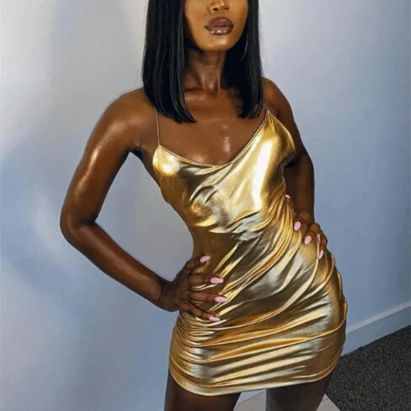 

Summer Sheath Short Gold Elastic Satin Night Party Dress Sexy Spaghetti Straps V Neck PU Backless Mini Women Simple Solid Dress