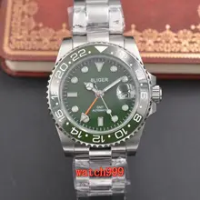 Bliger 40 мм зеленый циферблат GMT сапфировое стекло автоматическое движение Мужские повседневные часы керамический ободок стальные механические часы с ремешком