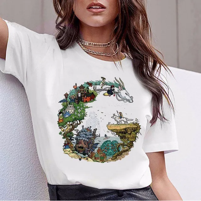 

2019 Funny Totoro T Shirt Spirited Away T-shirt Studio Ghibli Tshirt Japanese Anime Graphic Harajuku Female Women Top Tee Shirts