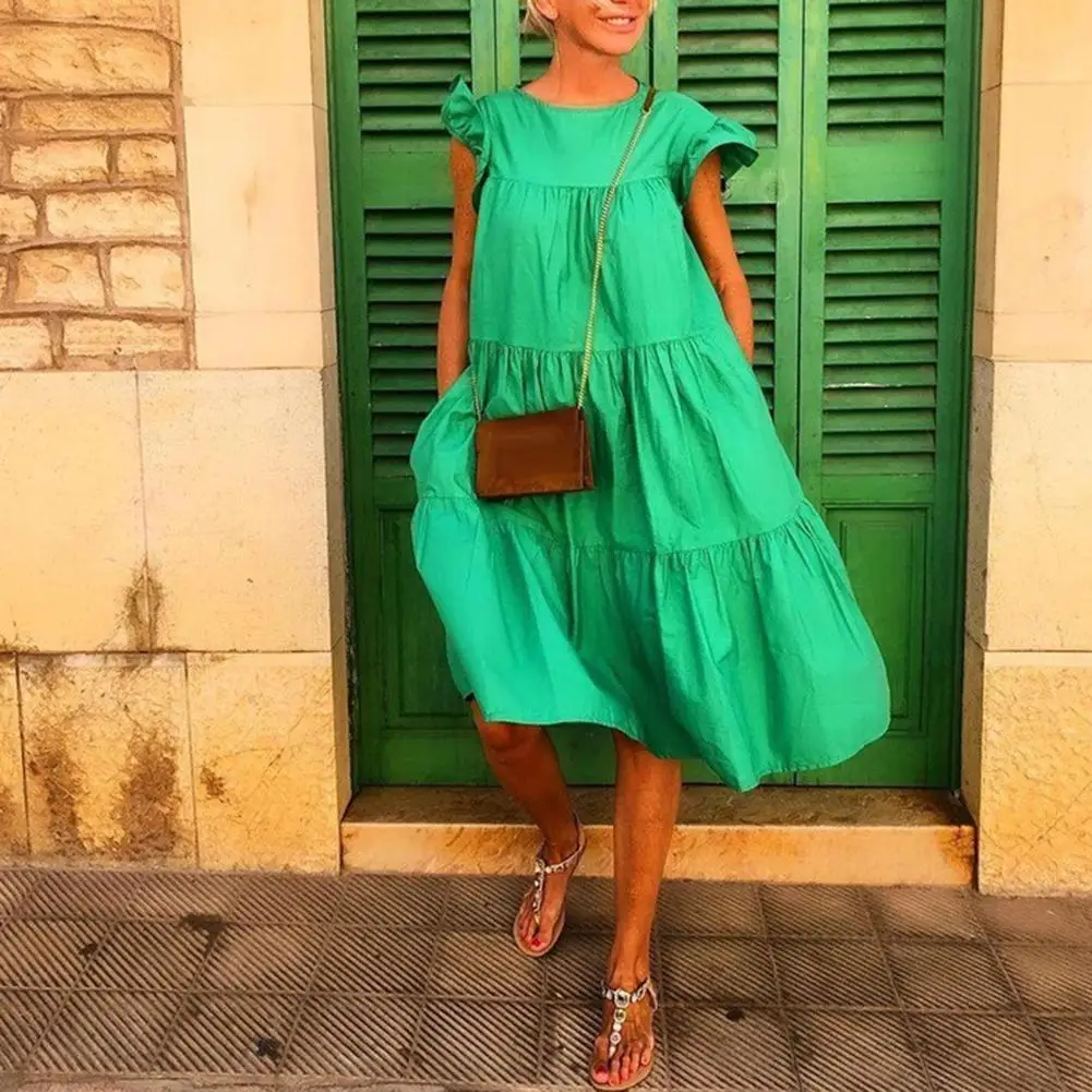 

Women Casual Solid Color O Neck Ruffled Short Sleeve Large Hem A Line Midi Dress