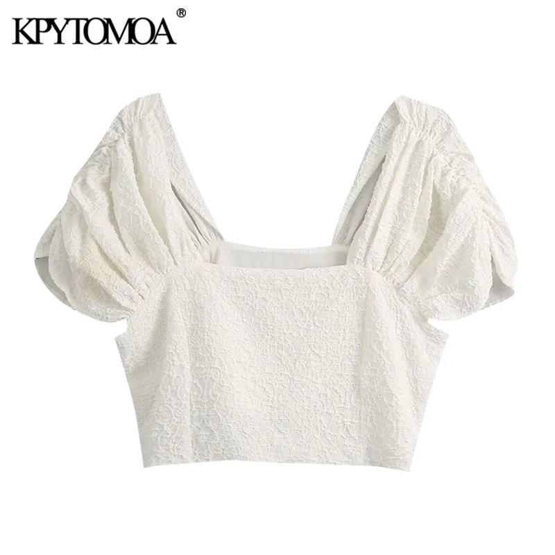 KPYTOMOA Women 2020 Fashion Textured Weave Cropped Blouses Vintage Square Collar Puff Sleeves Female Shirts Blusas Chic Tops KPYTOMOA Women 2020 Fashion Textured Weave Cropped Blouses Vintage Square Collar Puff Sleeves Female Shirts Blusas Chic Tops