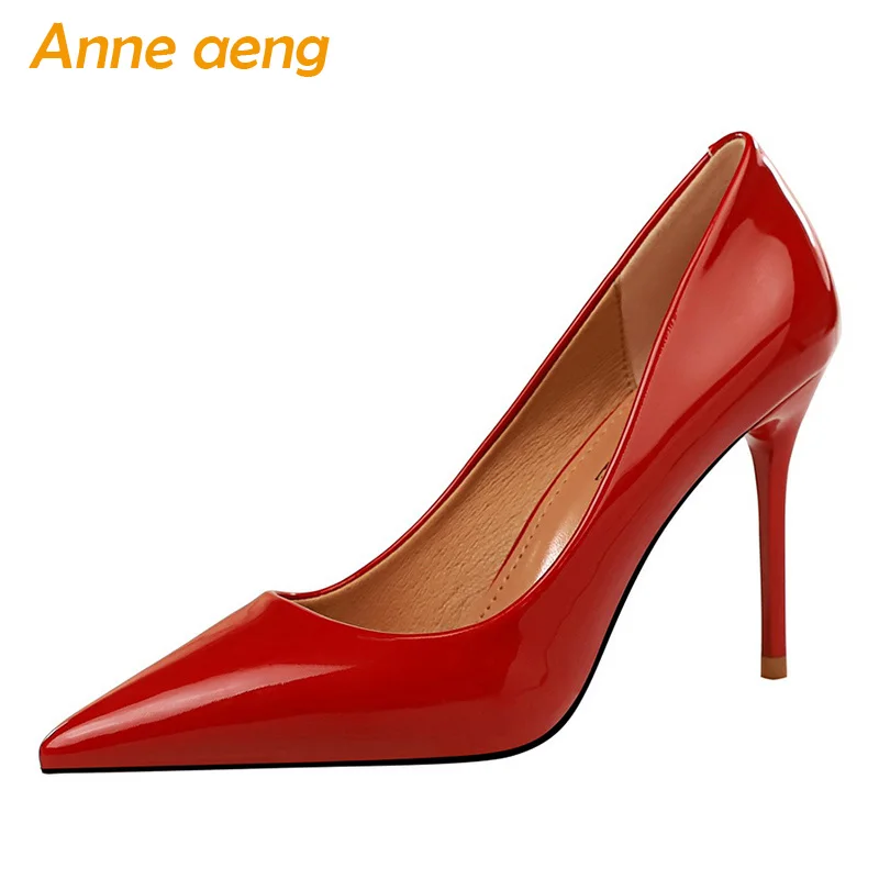 Новинка года; женские туфли-лодочки; пикантные однотонные женские туфли с острым носком на высоком тонком каблуке 9,5 см; черные женские туфли-лодочки на высоком каблуке - Цвет: Red