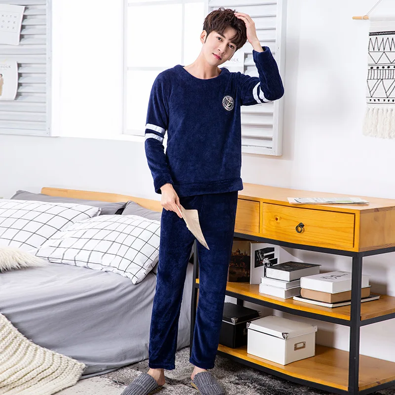 Pajamas Men Coral Fleece Pajamas Sets Winter Thicken Warm Sleepwear O-Neck Male Home Clothing Dropshipping