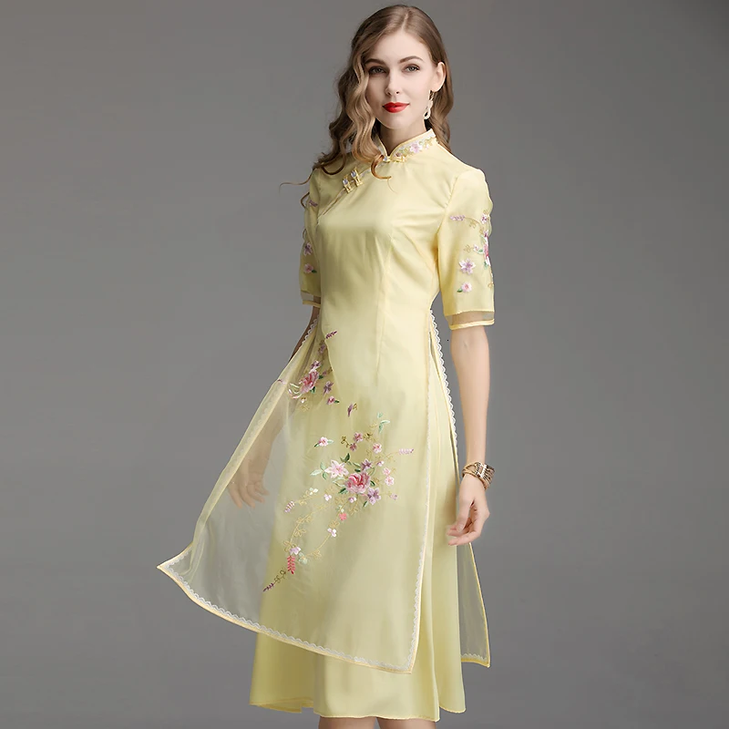 Flower Embroidery Lace Splice Long Dress Chinese Style Short Sleeve Vintage Cheongsam Qipao Autumn Split Organza Dress Pink