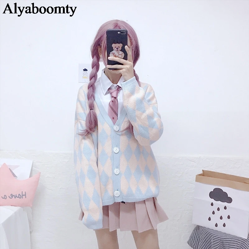 

Japanese Preppy Style Spring Autumn Women Sweater V Neck Argyle Pattern Knitted Cardigan Kawaii Sweet Girl's Elegant Outerwear