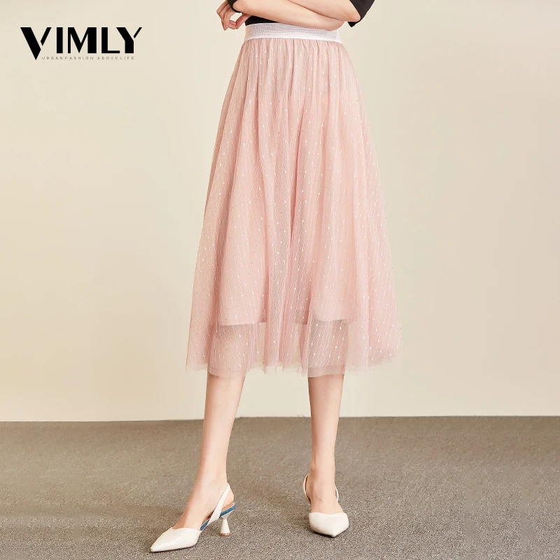 Vimly женские сетчатые миди юбки офисные женские эластичные талии Элегантная черная розовая юбка Корейская балетная пачка юбка