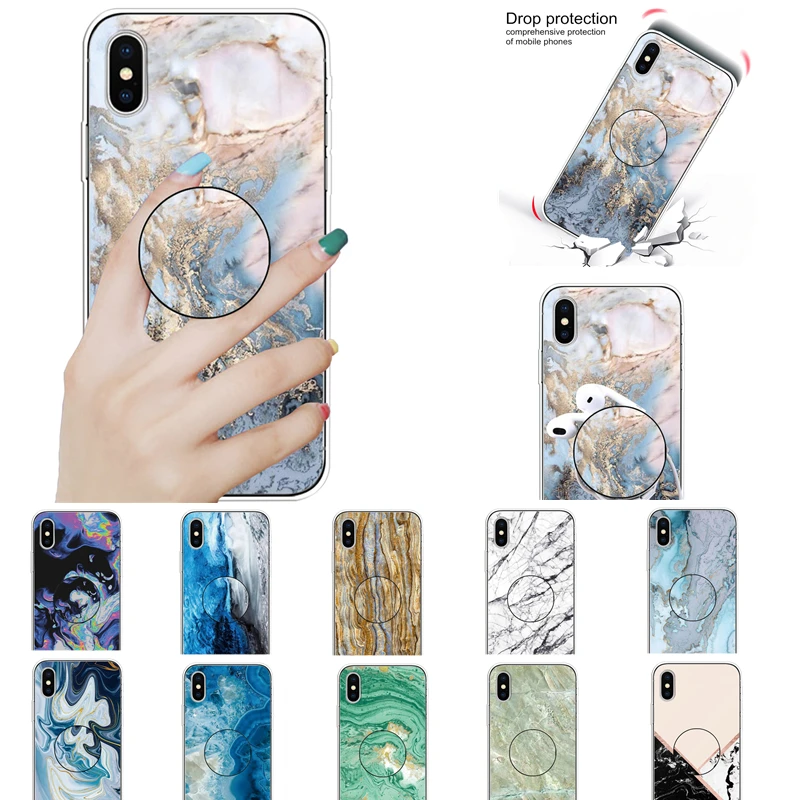 

Marble Case Soft TPU Cover For iphone 6 6S 7 8 Plus X XR Xs 11 Pro Max Phone Holder Bracket Expanding Stand Support Coque Funda