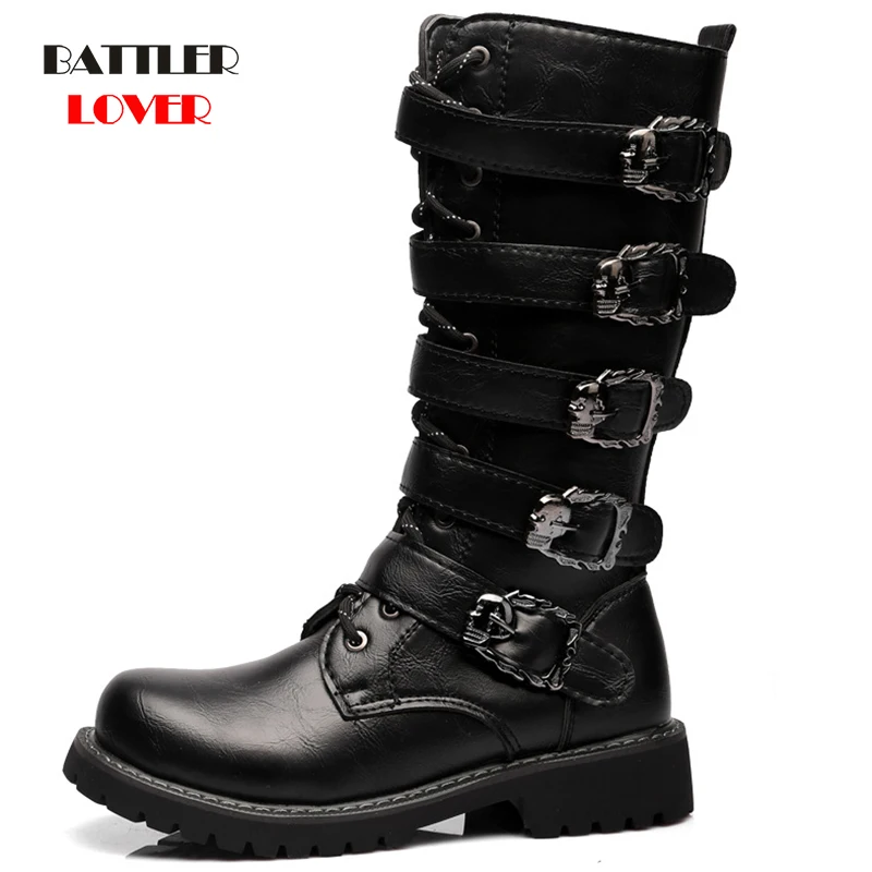 Knee High Men Boots Plus Size 37-46 Leather Equestrian Men Motocycle Boots Punk Skulls Bandage Shoes Men
