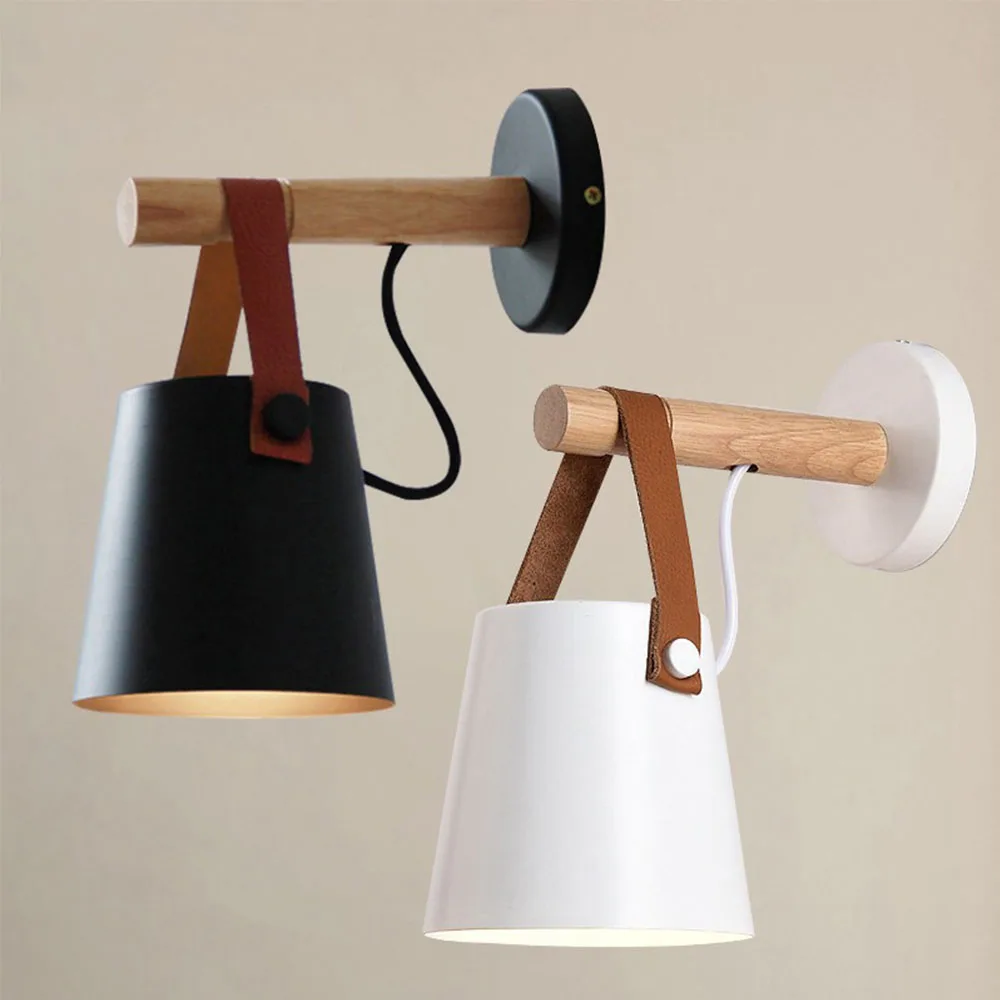 

Nordic Wood Wall Lights Bedroom Bedside Lamp Black White Modern E27 Steering Head Wall Lamps LED Home Lighting Sconce Room Decor