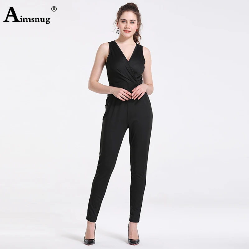 

Aimsnug Sexy Solid Black Deep V Neck Sleeveless High Waist Pocket Zipper Slim 2019 Summer Autumn New Women's Skinny Jumpsuits