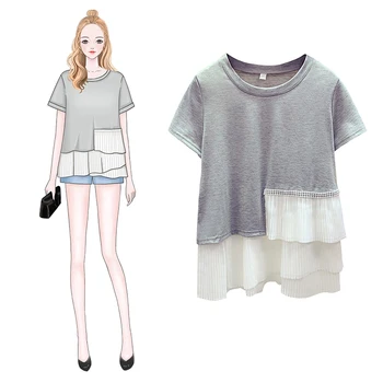 

Chiffon Irregular Stitching Diamond Short Sleeve Cotton T-shirt Women's 2020 Spring Summer New Korean Style Tshirt Loose Grey T