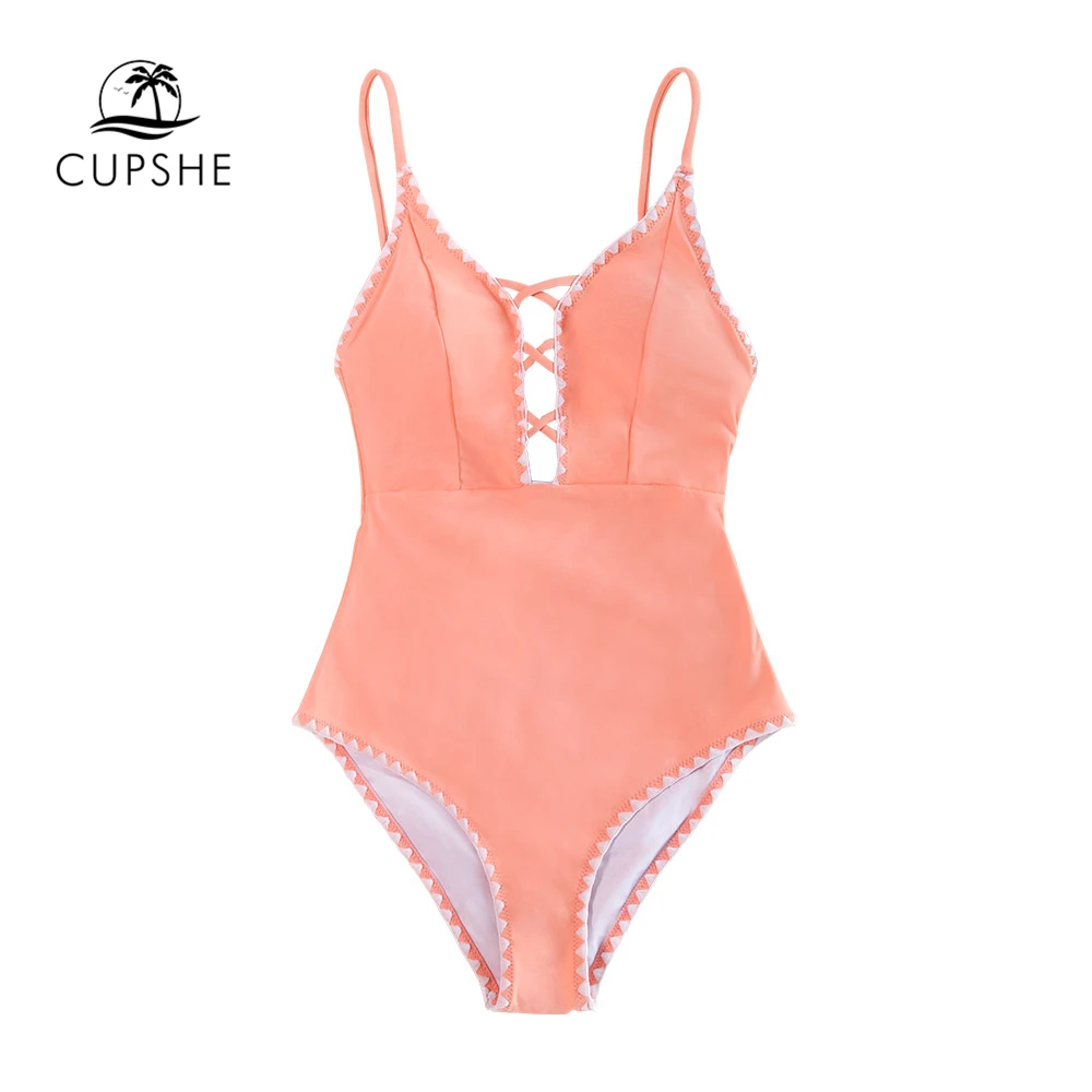 CUPSHE Peachy Цельный купальник с отделкой крючком, сексуальный глубокий v-образный вырез, с вырезами, Женский Монокини,, для девочек, пляжный купальный костюм, купальники