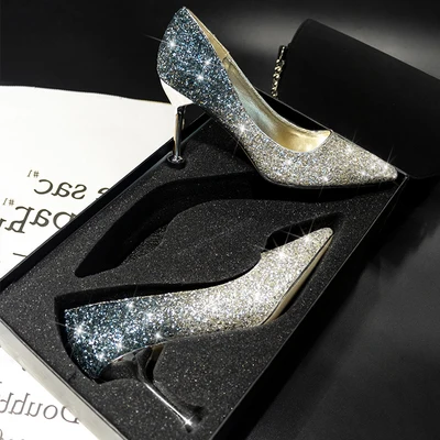 Женская свадебная обувь; Новинка года; Хрустальные Блестки; женские туфли на высоком каблуке с острым носком; свадебные туфли - Color: Silver blue 6 cm