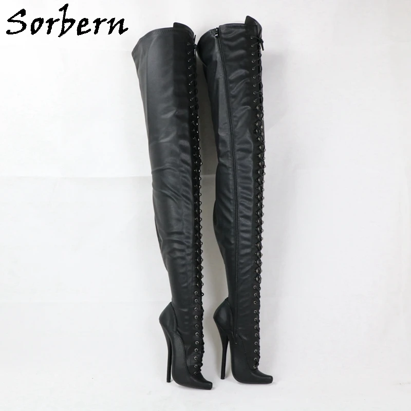 

Sorbern Sexy Ballet High Heel Boots Crotch Thigh High Matt Black Lace Up Pointed Toe Cosplay Drag Queen Fetish BDSM Play Shoe