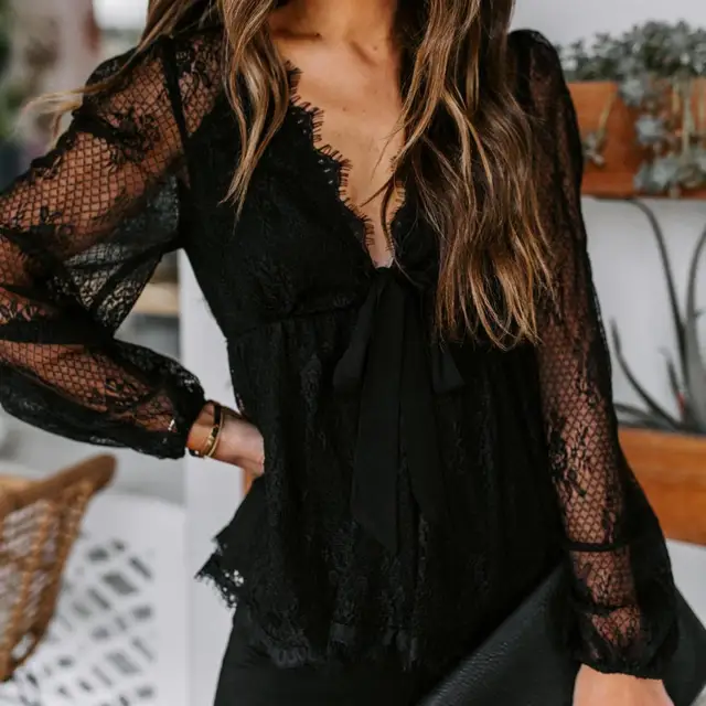 Women Blouse Sexy Lace Mesh Long Puff Sleeve Shirt Blouse Tops See Bowknot Shirt Loose Casual Blouse 1