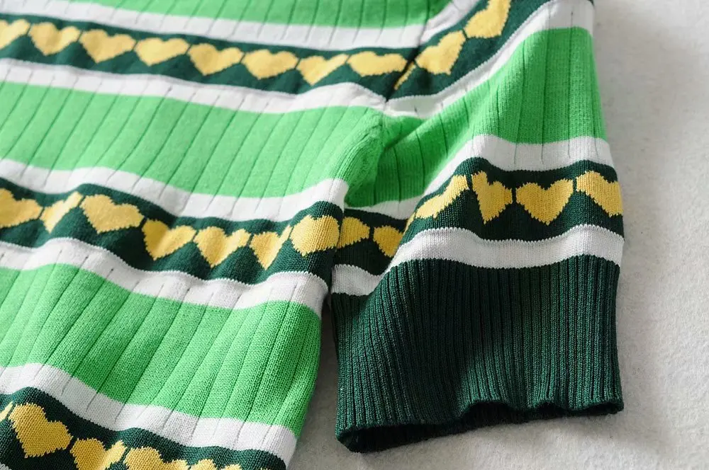 Bazaleas, модная футболка, винтажная, зеленая, с принтом сердца, в стиле пэчворк, в полоску, обрезанная женская футболка, вязаный укороченный топ, женская футболка