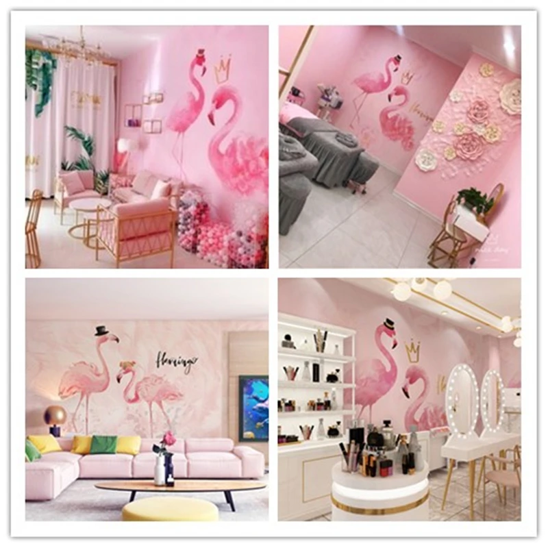 xuesu Pink flamingo wallpaper milk tea shop beauty salon tattoo shop wall covering live net red background wall custom wallpaper