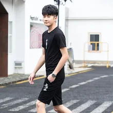 Летний мужской костюм с короткими рукавами, корейский стиль, облегающий крой, тренд, 2 предмета, повседневная спортивная одежда, комплект одежды, мужская одежда