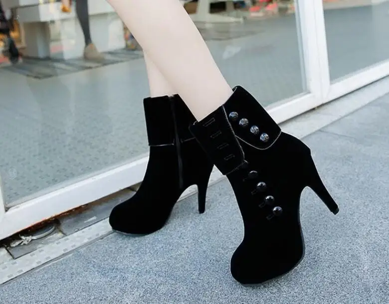 Winter new Button female Zippered round head boots high heel women's boots high heel shoes women comfortable wild fashion boots