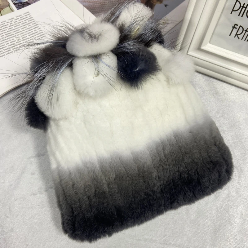 Russian Winter Real Fur Hat Hot Sale Natural Rex Rabbit Fur Warm Cap Ladies Knitted 100% Geunine Fur Hats 5