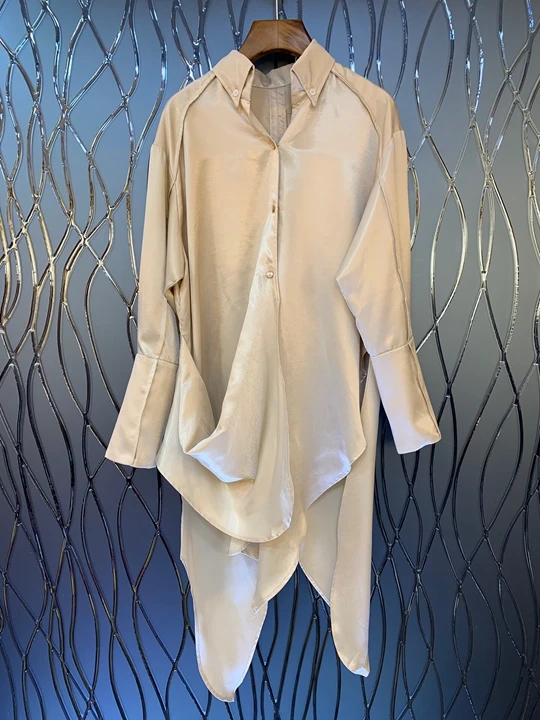 

2019 Early Autumn New Ladies'Turn-collar Irregular Cutting Decorative Long-sleeved Pure-color Dress 829