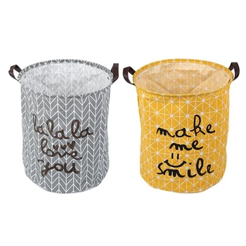

2 Pcs Collapsible Laundry Hamper, Round Cotton Linen Laundry Basket, Large Storage Bin for Kids Room-Gray & Yellow