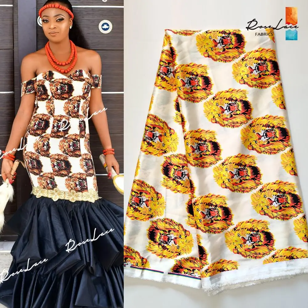 

2020 Latest African Ankara Isiagu Lion Prints Silk Lace Fabrics Nigerian Bride Or Bridegroom Dress Laces Silk George Material