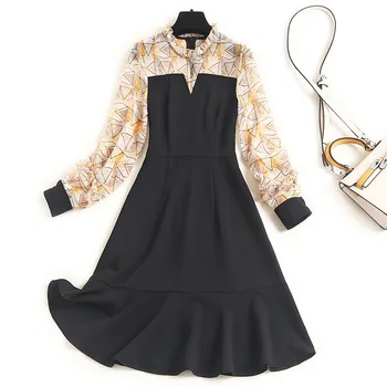 

New 2020 autumn women chiffon patchwork black dress geometric print lantern sleeve ruffles hem color block mini dresses
