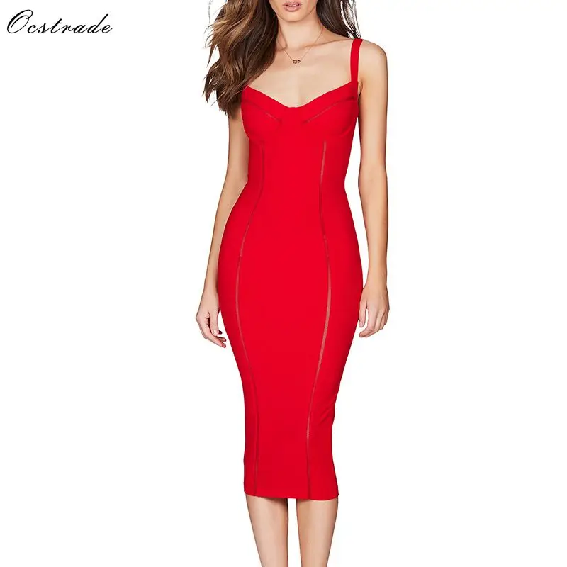 

2019 New Summer Spaghetti Strap Bodycon Dress Midi Rayon Bandage Dress Red Sexy Mesh Night Dress Women for Party Club