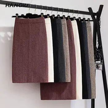 

Fall skirt fashion 60-80CM kawaii ribbed midi skirt women sexy split high waist bodycon skirt vintage knitted black skirt 2019