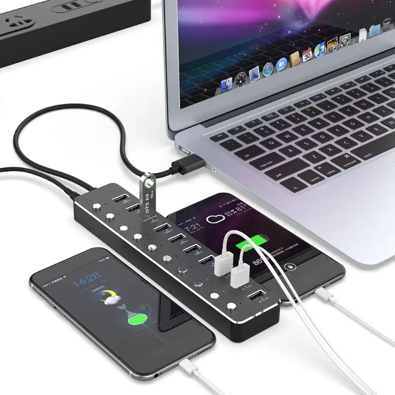 10 портов USB 3,0 концентратор Алюминиевый usb-разветвитель для быстрой зарядки с адаптером питания M17F