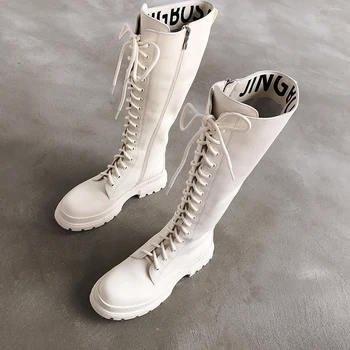 

Front Lace Up Knee High Women Boots Leather White Black Thigh High Long Boots Winter Combat Botas Mujer Brand Women Shoes