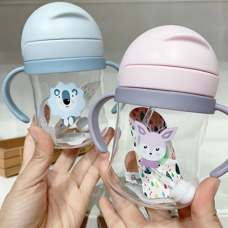 250ML Cartoon Pattern Outdoor Child Drinking Bottle with straw baby feeding cup for kids training portable handle water bottle drinking cup drinking water bottle