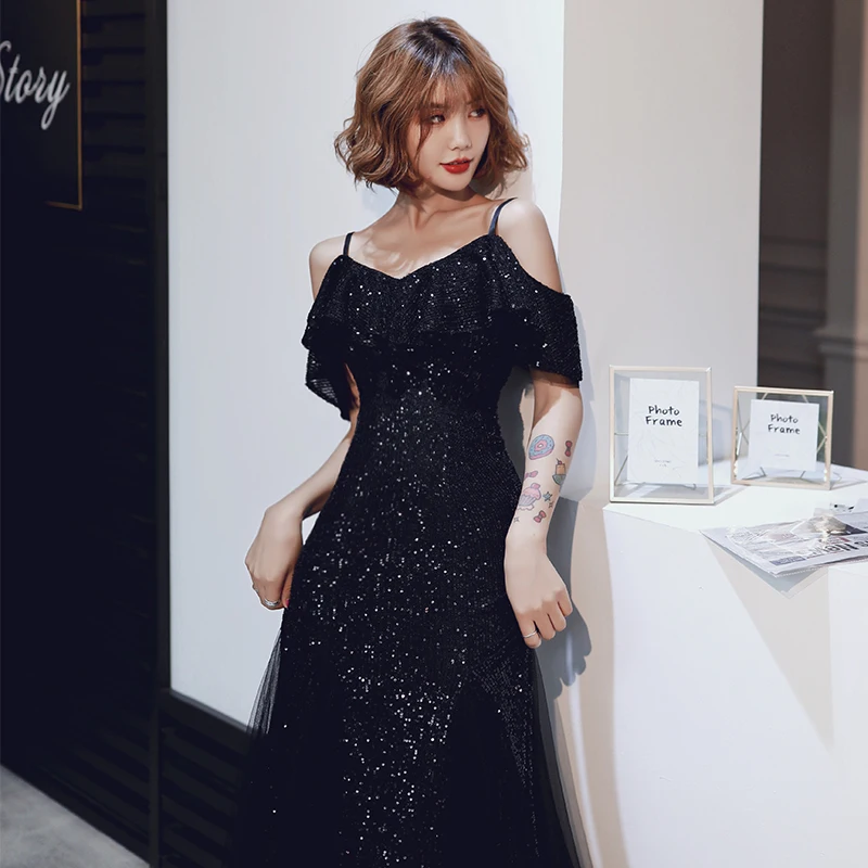 It's YiiYa Formal Dress V-Neck Short Sleeve Spaghetti Strap Women Party Dresses Mermaid Sequined Solid Robe De Soiree K116