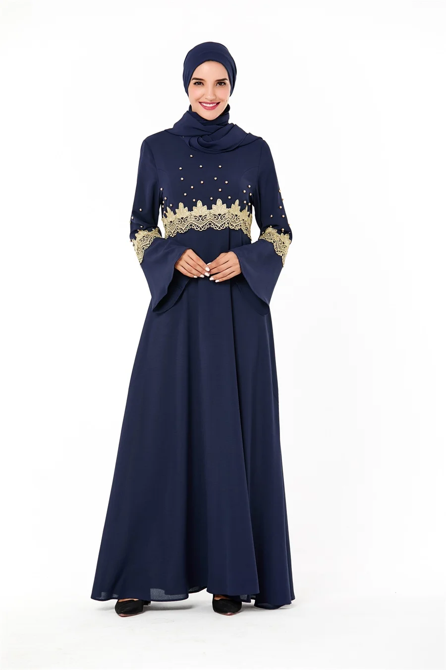 Siskakia мусульманское длинное платье Элегантное с круглым вырезом и расклешенным длинным рукавом золотое Кружевное Платье макси с вышивкой бисером Темно-синее платье трапециевидной формы