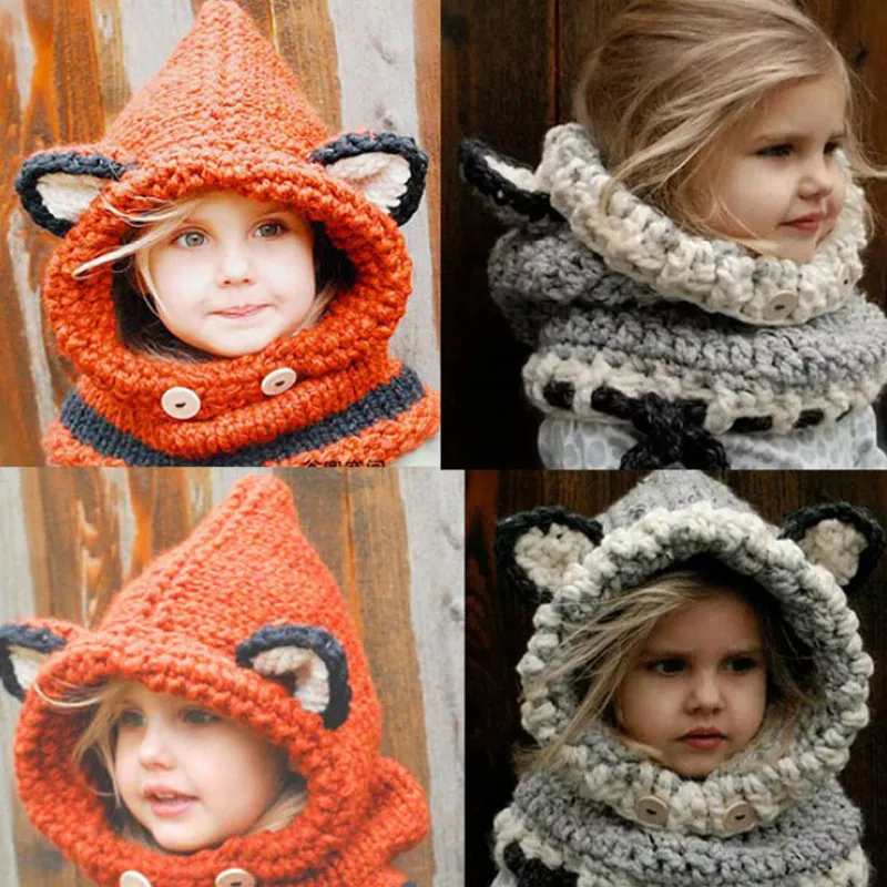 

Children Hoodie Hats Mufflers For Baby Girls Scarver Winter Wrap Fox Scarf Caps Autumn Children Knitted Hats Drop