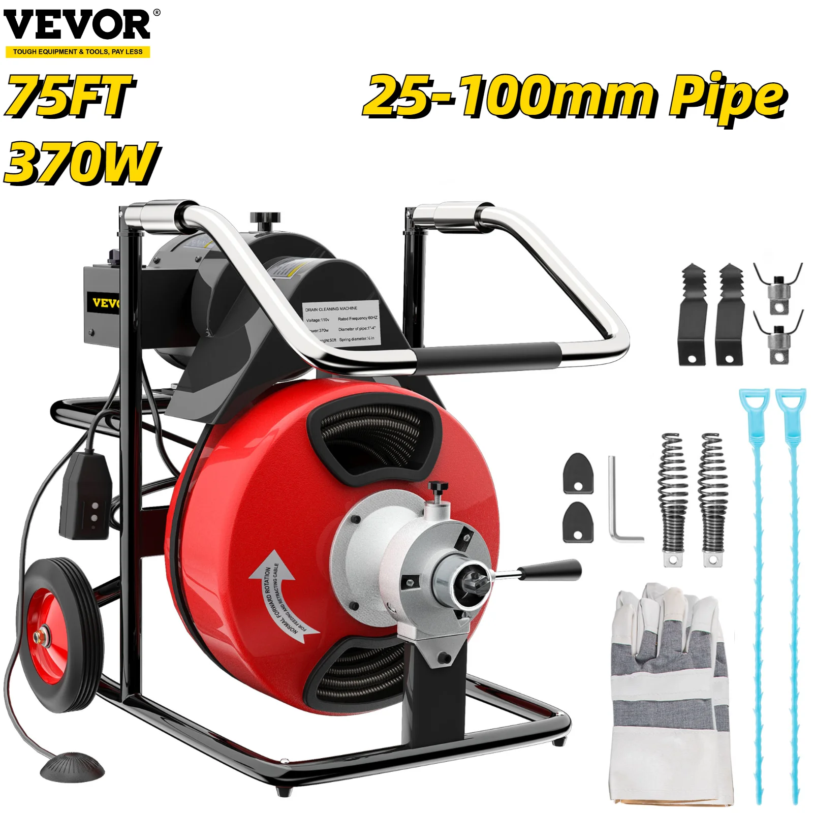 VEVOR 370W Electric Drain Auger Pipe Cleaner 25100mm Mini Manual Sink Unblocker Tube Toilet