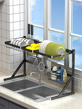 

Black stainless steel kitchen rack sink sink put dishes rack floor rack kitchenware supplies storage rack