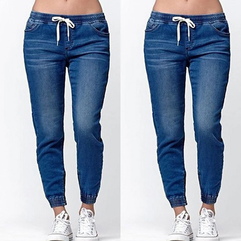 

Women Casual Jogger Pants Drawstring Elastic Waisted Jeans Solid Ladies Denim Pants Slim Leggings Pants