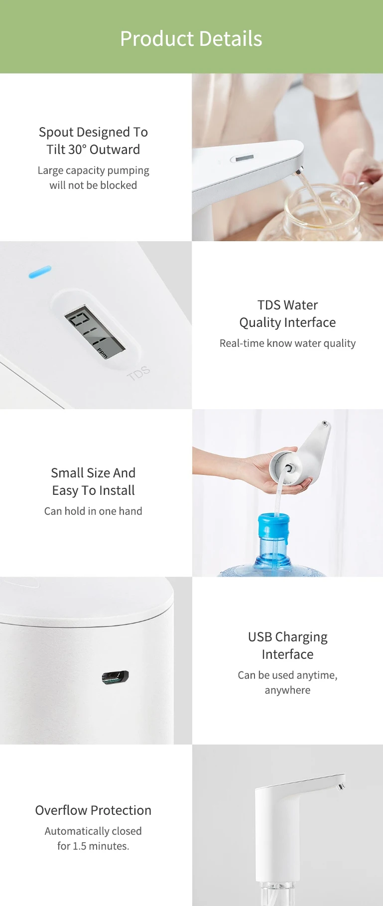 Newest Xiaomi XiaoLang Automatic Mini Touch Switch Water Pump Wireless Rechargeable Electric Dispenser Water Pump WithTDS Test (10)