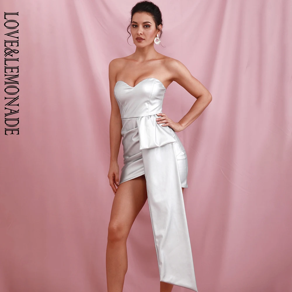 LOVE&LEMONADE Sexy Silver Bandeau V-Neck Double Streamers Cross PU Material Mini Party Dress LM82017 autumn/winter