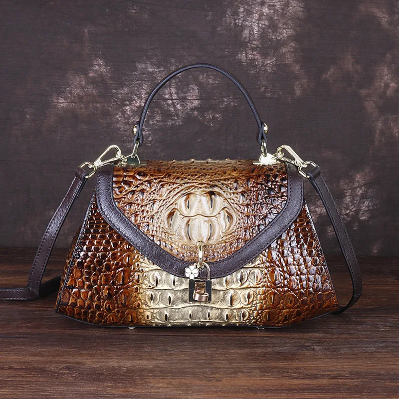 Johnature Retro Alligator Pattern Genuine Leather Women Handbags